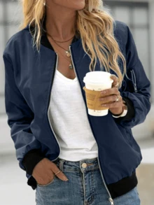 Women's Fashion Baseball Collar Zip-Up Jacket, Lightweight For Spring/Summer - Navy Blue - View 1