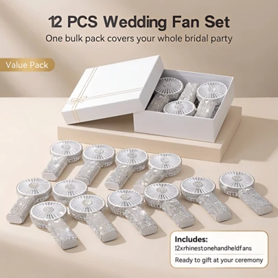 12 PCS Luxury Hand-Set Rhinestone Portable Fan, Sparkling Jewelry-Grade Crystal Handheld Fan , 18H Long Battery 3-Speed Quiet USB Fan For Makeup Saver, Wedding, Music Festival & Summer Glam Essentials