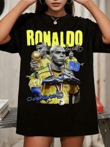 Ronaldo Nazario R9 Brazil Football T-Shirt  O Fenômeno Soccer Graphic Tee - Black - View 6