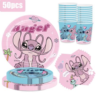 50 pezzi/75 pezzi Set di stoviglie a tema Stitch, per 10 persone, piatti, bicchieri e tovaglioli monouso, adatto per feste di compleanno, decorazioni per vacanze, campeggio, picnic, barbecue in giardino e feste di vacanza