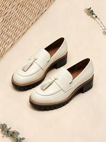 Women Thick Sole Loafers Chunky Heel Solid Color Pattern Office Business Casual Slip On Flats Shoes - Apricot - View 1