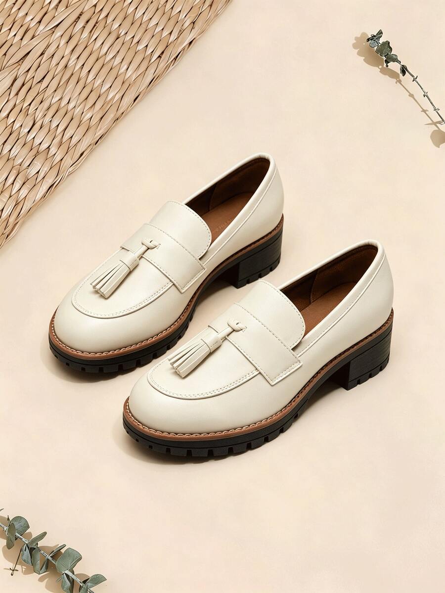 Women Thick Sole Loafers Chunky Heel Solid Color Pattern Office Business Casual Slip On Flats Shoes - Apricot - View 1