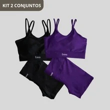 Kit Of 2 Bee Zero Transparency Premium Comfortable Fitness Sets: High-Waisted Shorts, Cropped Top With Padding, Perfect For Workouts And Gyms - Black and Purple - View 1