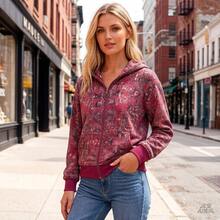 Women's Retro Washed Zip-Up Hoodie 2026 Autumn New Street Style Floral Zip-Up Jacket - Đỏ - Xem 4