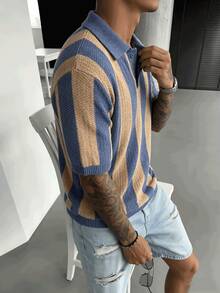 New Spring/Summer Men's Knitted Striped Polo Collar Casual Loose Business Commute Knit Top - Navy Blue - View 7