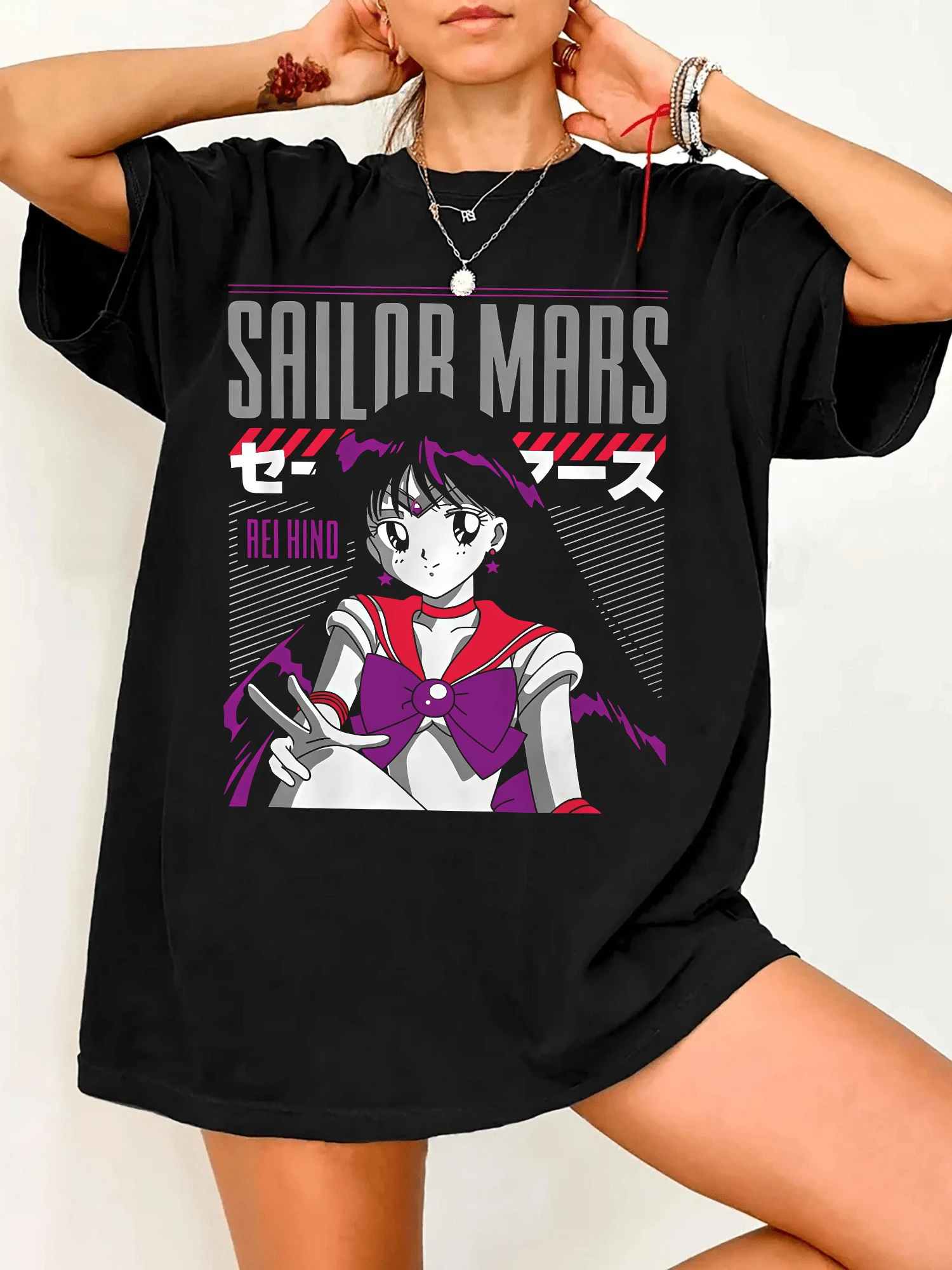 Japanese Anime T-Shirt S-SailorSS M-MoonS Fight Like A Girl (5) - Black - View 1