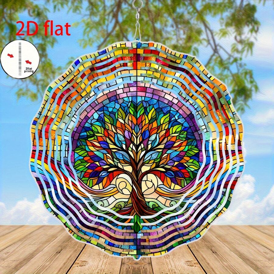 2D平面生命树2D风车摆件，1个 - 彩色户外花园艺术品，采用多色马赛克设计，适合圣诞节和感恩节装饰，无需电源，户外装饰，2D平面，（不含吊坠），款式随机