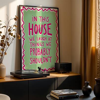 1 Piece, Wall Art, Retro Poster, Pink And Green Text Quote Art Print, "We Laugh In This Home" Canvas Painting, Unique And Creative Wall Decoration, The Perfect Decorative Gift For The Living