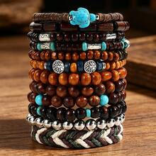 Bộ 10-12 chiếc vòng tay hạt gỗ phong cách Bohemian, hình rùa biển, dừa, ngọc lam, thích hợp cho nam giới đeo hàng ngày. - Nhiều màu - Xem 12