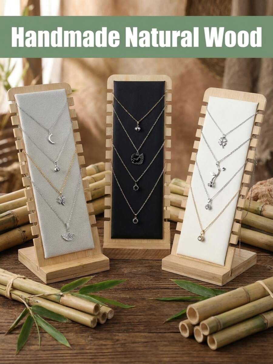 Elegant Aesthetic Natural Bamboo Leather Upholstered Multi Necklace Display Rack With 12 Professional Serrated Slots To Prevent Tangling And Knotting Sleek L-Shaped Necklace Bracelet Chain Storage Rack For Professional Jewelry Collectors And Boutique Owners Premium PU Leather Storage Rack Ideal For Vanity Table Tops Craft Shows And Photography Home Organization Home Storage Storage Rack