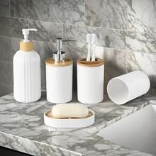 White Bathroom Accessory Set, Includes Soap Dispenser, Toothbrush Holder, Rinse Cup And Soap Dish, For Farmhouse Decor - White Suit - View 3