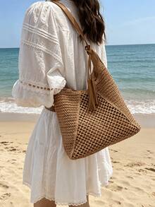 Bolso de playa de paja de moda para mujer, bolso de mano tejido a mano único, bolso de mano trenzado de estilo caqui, adecuado para vacaciones, playa, viajes de negocios, casual, minimalista, esencial para vacaciones en la playa, bolso de playa llamativo, bolso de playa de paja de verano para mujer, bolso de playa para mujer, bolso de hombro, bolso de mano - Multicolor - Ver 2
