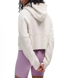 Lululemon Women's Scuba Oversized Half-Zip Short Wear Hoodie | Premium Cotton-Blend Fleece Sweatshirt | Luxury Soft Breathable Pullover | Chic Boxy Fit Short Hooded Jumper | Cozy Athletic Leisure Hoodie With Kangaroo Pocket - Grey and white gold zipper - 查看 2