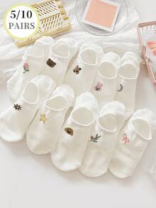 5/10 Pairs White Ankle Socks For Women, Thin Summer Low-Cut Invisible Socks - White - View 1