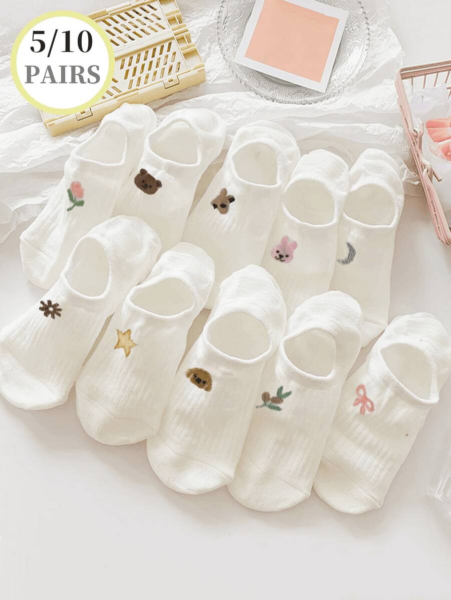 5/10 Pairs White Ankle Socks For Women, Thin Summer Low-Cut Invisible Socks - White - View 1