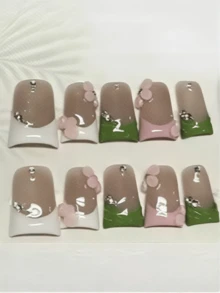 10片手工法式美甲贴纸，粉色底色，绿色和白色点缀，3D粉色花瓣，手绘3D水滴图案，闪亮金色水钻和珍珠，适合不同女性日常佩戴，可重复使用。 - 彩色 - 查看 2