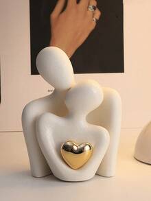 1pc Minimalist Abstract Couple Embracing Sculpture With Golden Heart Shape, Romantic Home Decor For Living Room, Bedroom, Office Shelf, Couple Gift Sculpture, Modern Art Home Decoration - View 10