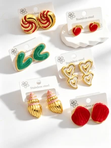 12 Paia di Orecchini in Acciaio Inossidabile con Motivi Geometrici, Placcati in Oro con Smalto Rotondo, Conchiglia, Cuore, Farfalla, Perla, Orecchini Ipoallergenici Versatili Adatti per Uso Quotidiano, Feste, Vacanze delle Donne, Gioielli di Moda - Multicolore - Visualizzare 5