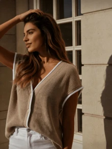 Áo vest len dệt kim gân cho nữ, viền trắng, dáng suông thoải mái, thích hợp cho mùa xuân và mùa thu. - màu nâu - Xem 3
