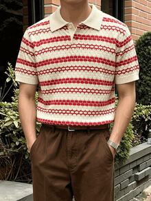 Korean Casual Style Polo Collar Sweater Men, Loose Fit Business Commute Knit Top, Retro Collar, Spring/Summer/Autumn - Red - View 7