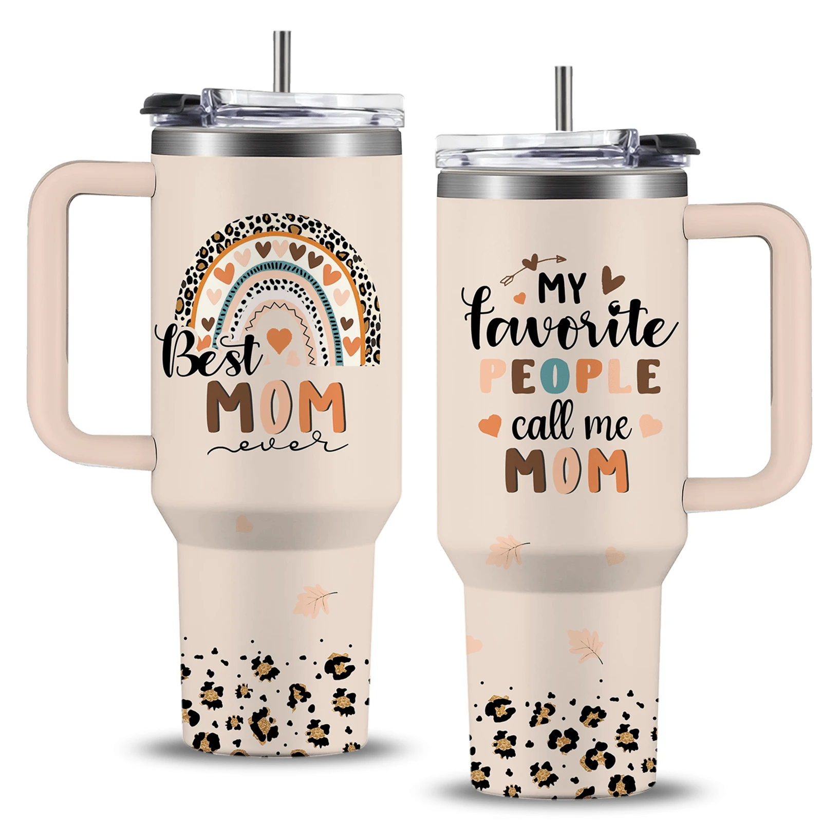 40oz Insulated Tumbler With Handle, Best Mom Ever Leopard Rainbow Print Stainless Steel Travel Mug, Reusable Coffee Cup With Straw & Lid For Mom, Mother's Day Gift For Mom, Ideal For Home, Office, Outdoor - Multicolor - View 1