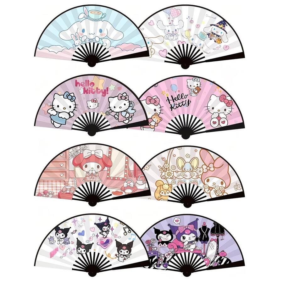SANRIO Quạt cầm tay hình hoạt hình dễ thương, làm từ vải không dệt, thích hợp để làm mát vào mùa hè và làm vật trang trí. Mỗi mặt có một thiết kế khác nhau, bao gồm các nhân vật như Hello Kitty, Mèo Đen và Bánh Cuộn Quế. - cái quạt - Xem 1