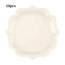 10入/20入/30入 米色特殊造型花朵裝飾紙盤，7英吋與9英吋派對紙盤，適用生日、嬰兒洗禮、婚禮、新娘洗禮、燒烤、野餐、夏季派對，男女通用日常使用 - 米色 - 查看 10