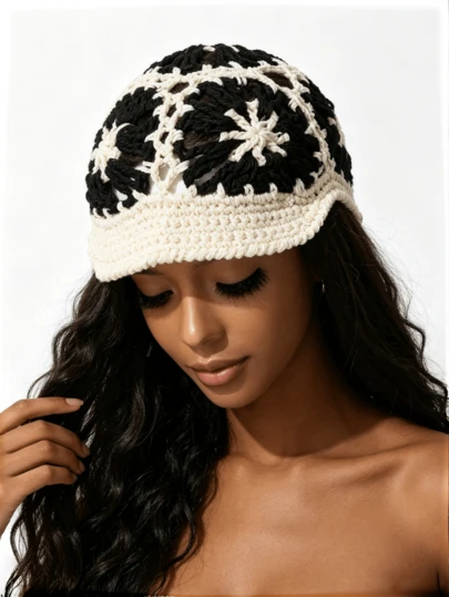1pc Women's Vintage Handmade Crochet Hollow Breathable Colorblock Knitted Cap, Spring/Summer Sun-Shading Hat, Fashionable Minimalist Versatile Visor Cap