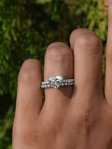 Luxury Hollow Double-Layer Oval Cubic Zirconia Couple Rings, Engagement/Valentine's Day Gift - White - View 2