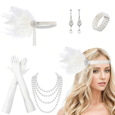 7件套1920年代风格女士婚礼派对妆容化妆舞会头饰、耳环、珍珠手链、长款珍珠项链、发箍，复古性感配饰套装，圣诞节假日派对装扮，万圣节主题派对，万圣节服装，化妆舞会，日常穿着及主题派对。女士派对妆容及舞会头饰，羽毛发箍，耳环，手套，手链
