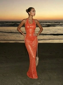 闪亮亮片露背吊带派对连衣裙，适合海滩、晚宴约会、婚礼、生日派对等场合。 - 橘色 - 查看 5