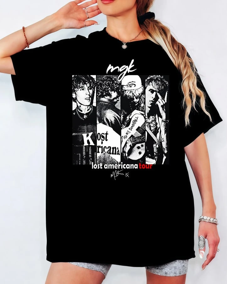 MGK Fan T-Shirt, Concert Collage Graphic, Streetwear Loose Fit Top - Black - View 1