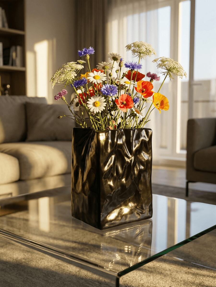 1Pc Glossy Black Wrinkled Texture Square Resin Vase - Nordic Modern Minimalist Luxury Flower Vase For Living Room, Entryway & Desktop | Home Decor, Room Decor, Vintage Decor, Boho Decor, Desk Decor, Unique Gift, Table Centerpiece, Housewarming Gift - New Model - View 1