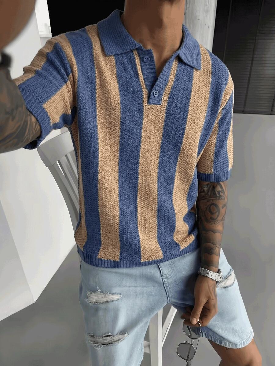 New Spring/Summer Men's Knitted Striped Polo Collar Casual Loose Business Commute Knit Top