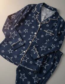 American-Style Winter Pajamas, Premium Pants And Shirt, Button-Down Front. - 藍色 - 查看 3