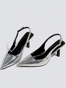 女士银色搭扣时尚露趾高跟鞋，派对礼服鞋，玛丽珍鞋，正式鞋，尖头套脚高跟鞋 - 銀色 - 查看 3