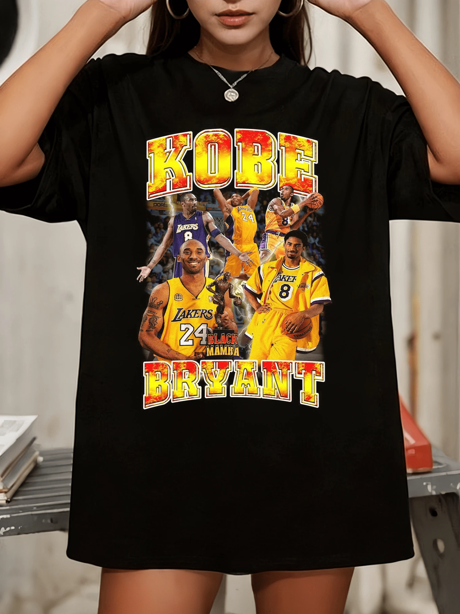 K-KobeSS Bryant Retro Print T-Shirt, Lakers, Hip Hop Short-Sleeve - Black - View 1