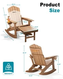 Adirondack Rocking Chairs With Retractable Ottoman & Cup Holders, 6-In-1 Folding HDPE Outdoor Rockers For Patio, Porch, Lawn,Brown - Brown - View 5