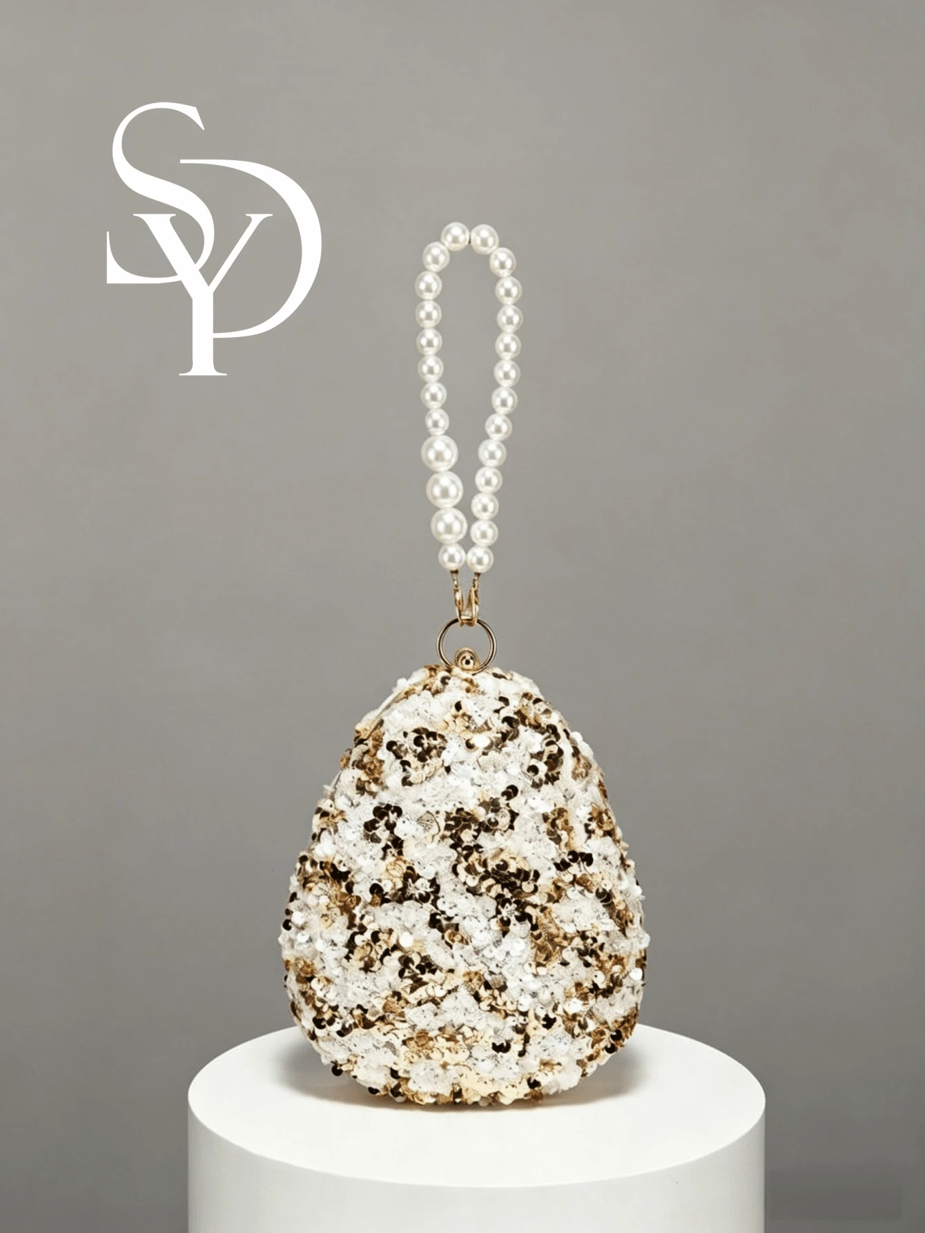 优雅金色和白色亮片珍珠水滴形手拿包，奢华婚纱正式场合手提包 - 金色 - 查看 1