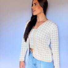 Conjunto Feminino Tricot Pied Poule Casaco Manga Longa + Top Moda Inverno Elegante - Areia - Visão 4