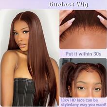 13x4 200% 密度 无胶混纺真人发假发 直发透明 13*4 蕾丝前额假发 即戴即用 预拔毛 预剪蕾丝封顶 #4 棕色假发 巴西假发 新手友好 - 棕色 - 查看 3