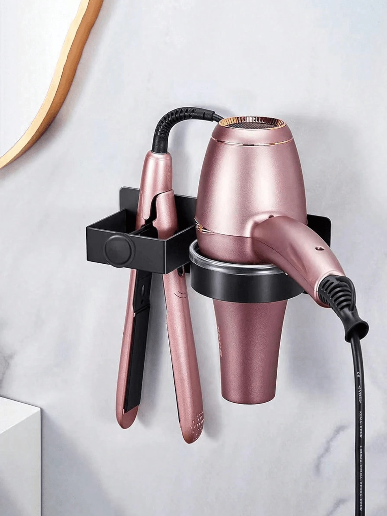 1 pieza Soporte para secador de pelo, estante de almacenamiento de secador de pelo montado en la pared sin taladro para el baño, estante de almacenamiento de plancha de pelo, estante de almacenamiento de herramientas de peinado montado en la pared sin taladro - estante de almacenamiento de altura ajustable - Multicolor - View 1