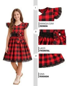 Girls' Junior Dress For June Festivals, Plaid, Country Style, Rodeo, Square Dance, Ruffled Skirt, Elastic, Short Sleeve, Ruffled Lace, Saint John's Day Events, Queen Of Popcorn, Adjustable, Full Skirt, Fashion, Themed Clothing, Country Style, Modern, Loose Fit, Lightweight, Comfortable Fabric, Typical Photoshoot, Classic, Traditional Print, Sophisticated Outfit, Versatile, Elegant, Blogger Style, Arraiá, With Bow, Glitter - Đỏ và đen - Xem 6