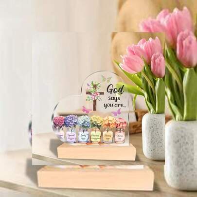 1pc/2pcsModern Heart-Shaped Acrylic Desktop Decor With Wooden Base - Christian Gift, Inspired By Bible Verse "God Says You Are...", Floral & Butterfly Accents, Ideal For Birthday, Mother's Day, Wife, Friend Gifts, 2D Flat Design