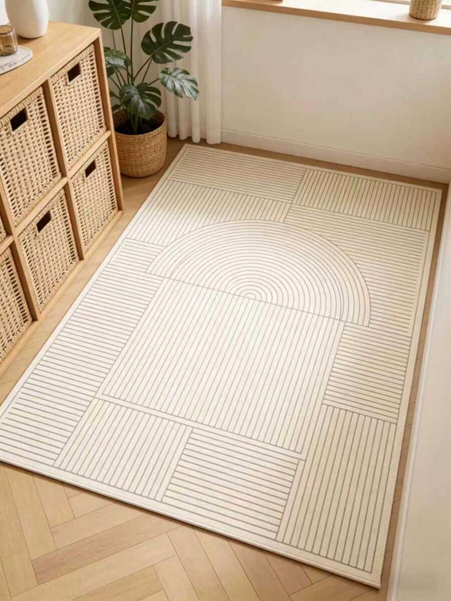 1pc Minimalist Geometric Line Velvet Rug In Cream Color, Bedroom Bedside Carpet, Decorative Rug, Bedroom Decor, Small Rug, Carpet, Home Decor, Living Room Rug, Living Room Small Rug, Bedroom Rug, Living Room Home Decor, Outdoor Rug, Washable Rug - Multicolor - View 1