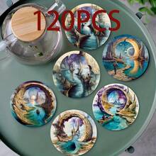 6pcs 2D Printed Mysterious Dimension Design Wooden Coasters, Suitable For Patio, Kitchen, Living Room, Home Gatherings, Dining Table Decor, Ideal Gift For Friends And Family On Holidays, Weddings, Birthdays, Parties, Home Decor Accessories - Multicolor - View 8