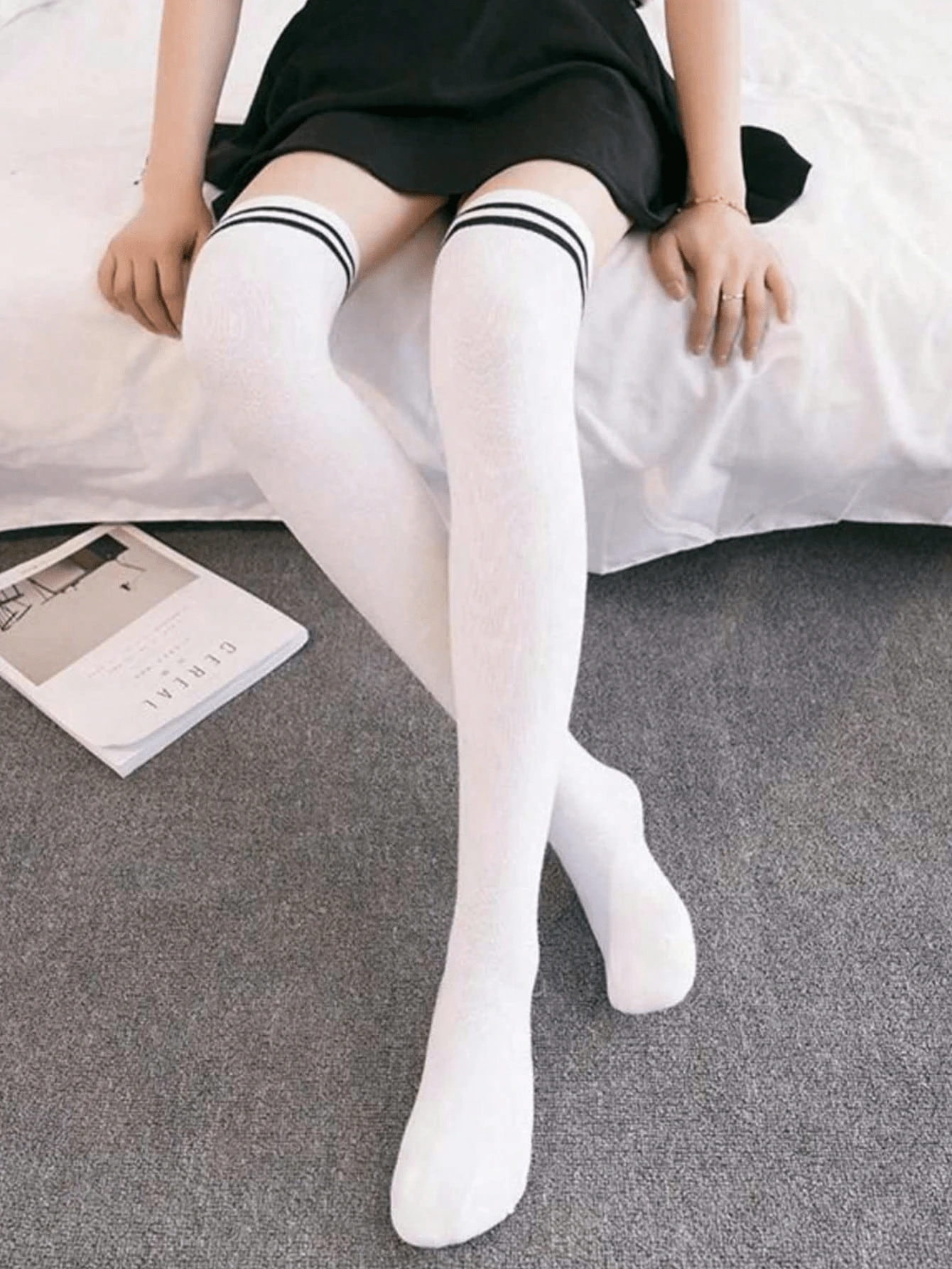 1 Pair Women Knitted Thigh High Socks, Striped Tight Fit Over The Knee Long So - White - View 1