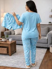 Conjunto de pijama de mujer de 3 piezas, suave y agradable a la piel, incluye camiseta de manga corta + short + pantalón largo, apto para todas las estaciones - Azul - Ver 3