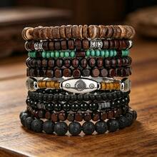 Bộ 10-12 chiếc vòng tay hạt gỗ phong cách Bohemian, hình rùa biển, dừa, ngọc lam, thích hợp cho nam giới đeo hàng ngày. - Nhiều màu - Xem 3