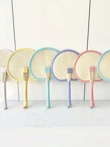 1 pieza Abanico portátil de verano tejido de colores con borlas, abanico manual de paja con efecto dopamina, abanico de paja hecho a mano con forma de corazón y flor para refrescarse en picnics, fotos, playa, bodas, fiestas y eventos de verano, decoración bohemia - Multicolor - Ver 5